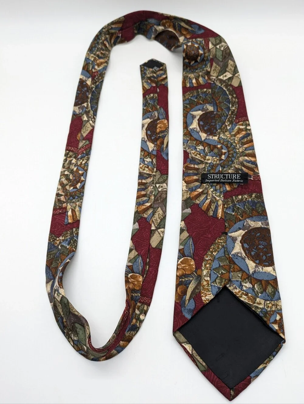 Vintage Structure Maroon Blue Tan Abstract Geometric Silk Mens Tie